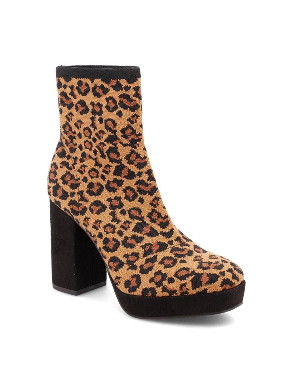 MIA Candra Leopard Knit Sock Booties with Block Heel - Tan/Black. 7.5